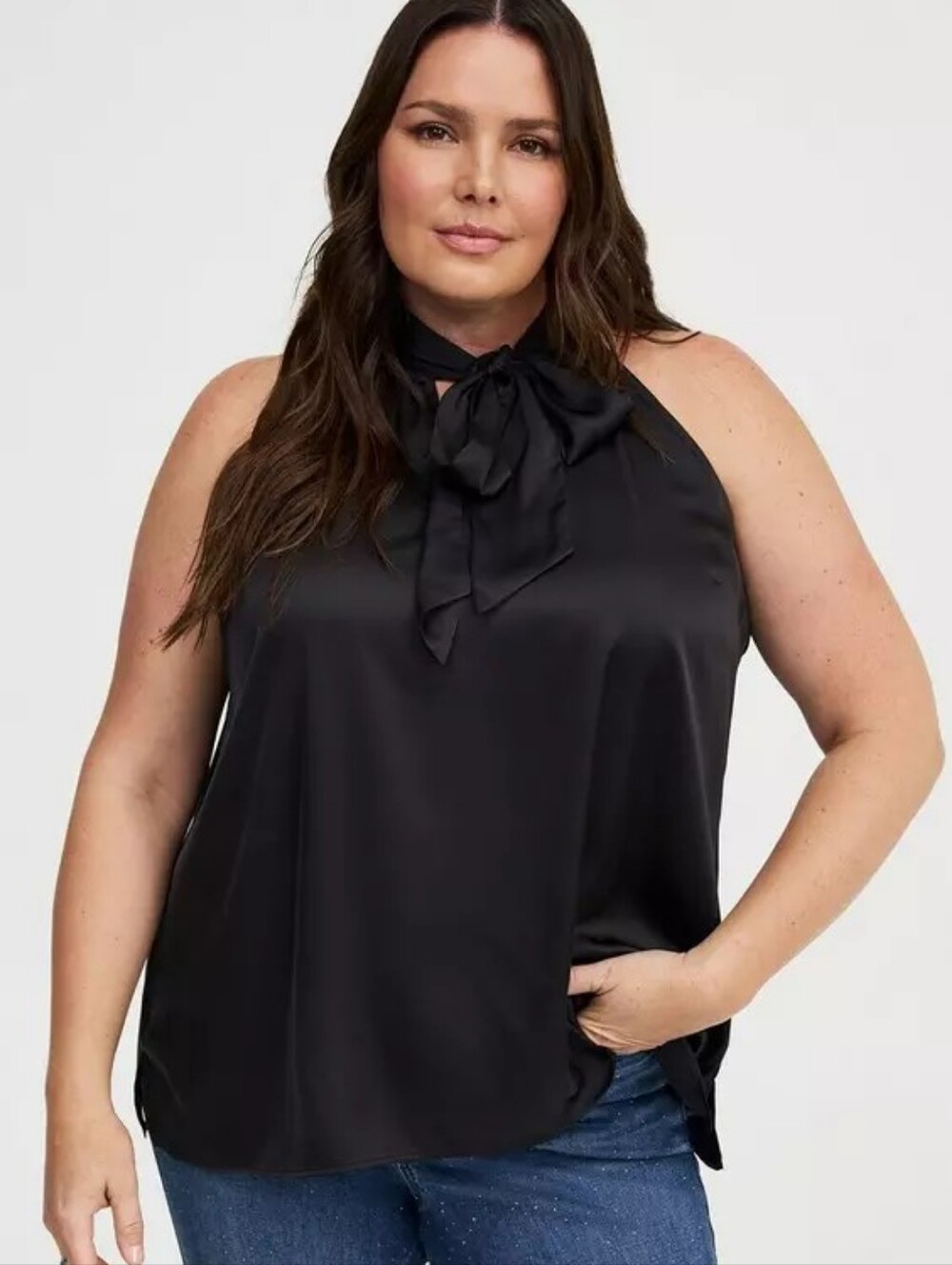 Satin Goddess Tie Neck Top, Plus Size 2X